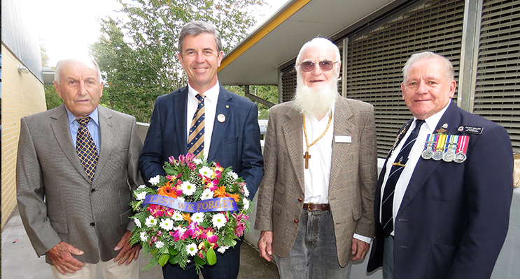 BCS ANZAC Assembly: John Hooper, Federal Member for Lyne Dr David Gillespie, Frank Horwill and Bulahdelah RSL sub-branch President Peter Millen.