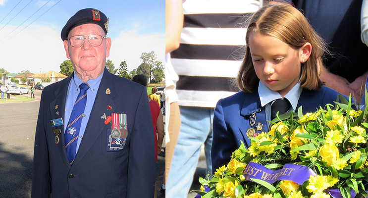 Bulahdelah RSL sub-branch member John Renfrew. (left) Polly Sullivan lays a wreath at the Bulahdelah ANZAC Commemoration.(right)