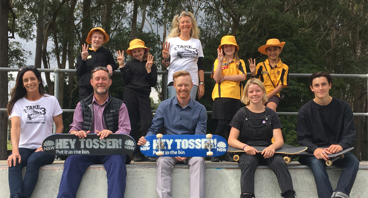 The Take 3 initiative has now targeted more than 170,000 school students.  Pictured at a recent event are Port Stephens Council’s Nicholas Jones, Medowie Public School 2017 Captains and Vice Captains, Kamiah Mudge, Roshan Francke, Oliver McLean and Lilly Gorham, Co-founders of Take 3, Roberta Dixon-Valk and Amanda Marechal, Hunter Councils’ Michael Neville pictured with World Champion Skaters Sam Sutton and Poppy Starr Olsen.  