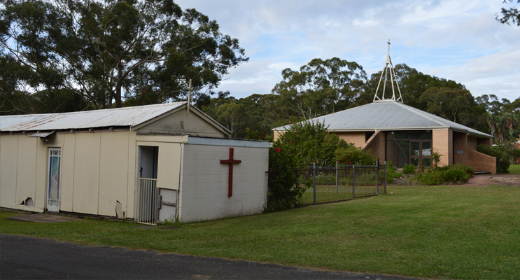 The old and the new: St Francis’ Anglican Church current 1984 church behind the original garage building on the Ferodale site.
