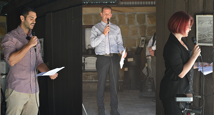 Mr Joel Ross, History teacher at Tomaree, reading a soldier’s letter to an attentive audience. (left) Local poet, Mr Mark Wilson, reading The Diggers Last Battle.(center) Ms Melanie Innes, PhD candidate, telling the experiences from a soldier’s perspective.(right)