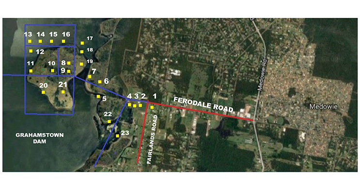 The red lines show the existing roads of Ferodale and Fairlands, and the blue lines show the old areas that were reclaimed for the dam, and the families that resided on the properties.