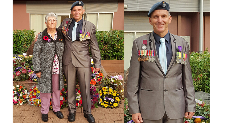 Former Defence Military Working Dog Handler, Mr Steve Withey of Medowie with his mother-in-law, Ms Lillian Weston of Williamtown. (left) Mr Steve Withey of Medowie proudly shows his medals. (right)
