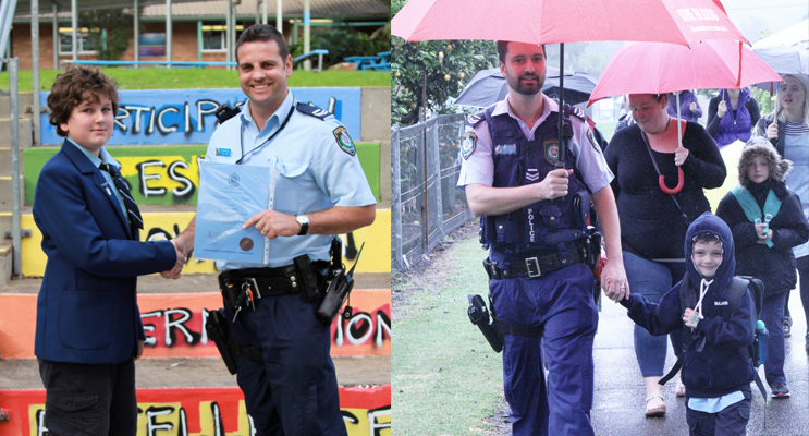 Senior Constable Ashley Ray presents the PBL Police Award to Oliver Gibbs. Photo: BCS (left) Senior Constable Dave Feeney joined students, parents and staff for the National Walk Safely to School Day. Photo: BCS (right)