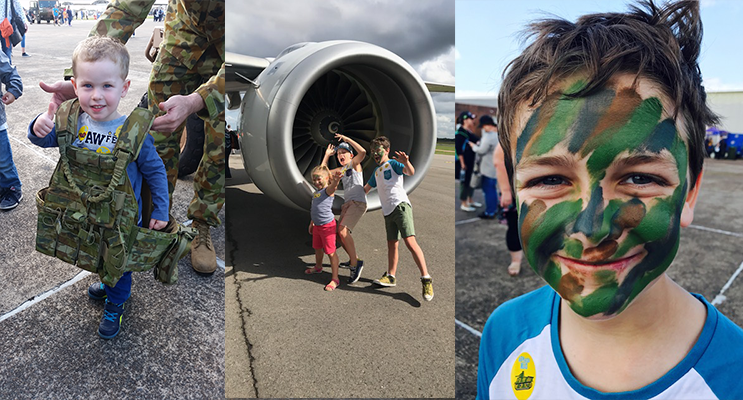 Young George had a blast seeing the jets and trying on uniforms. (left) Sophia, Lachlan and Hayden Reddon.(center) Hayden Reddon enjoyed the camouflage facepainting.(right)