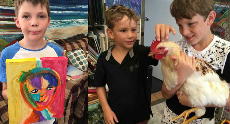 Cruze has loved learning about Art at the Art Shack. (left) Presley and Evan visiting the animals at the Art Shack. (right)