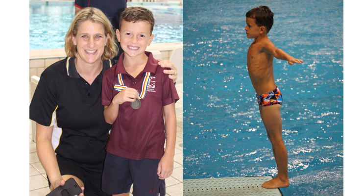 Joshua Lee with his first coach, Rebecca Manuel, who won a bronze medal at the Sydney Olympics in diving. (left) Joshua Lee, preparing for a dive. (right)