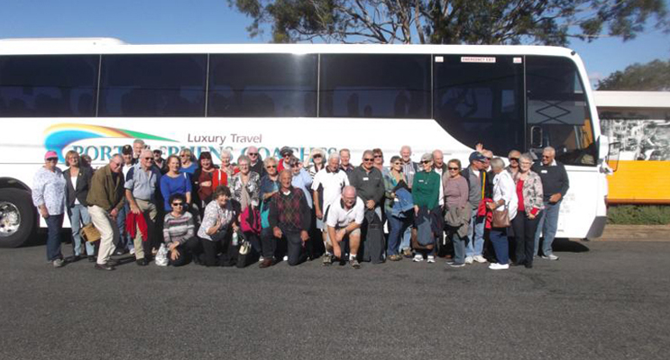 Nelson Bay Men’s Probus Club and their partners ready to hit the road.