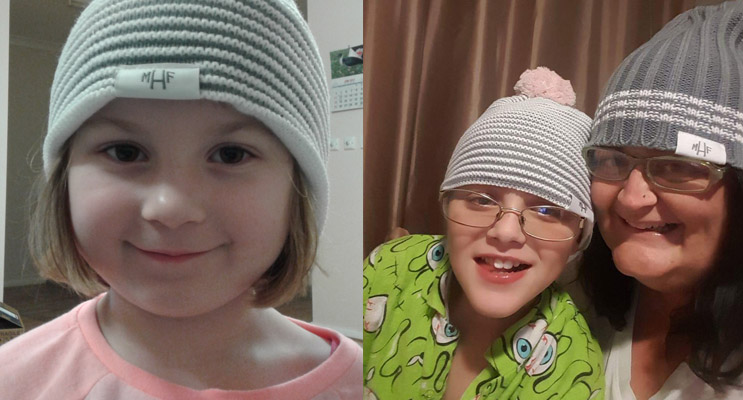 Young Ashley was excited to grab a beanie before they sold out.  (left) Lorcan and Kylie are proud supporters of the Mark Hughes Foundation. (right)