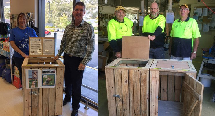 Woolworths Manager Mark Keating with Jodi Deamer, accepting the new bin for the store.  (left) Salamander Men’s Shed volunteers, Laurie, David and Jim, with the donation bins. (right)