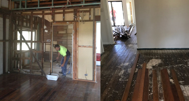 Stripping the walls back to bare bones to restore to its former glory. (left) Restoring 100-year-old original floorboards. (right)
