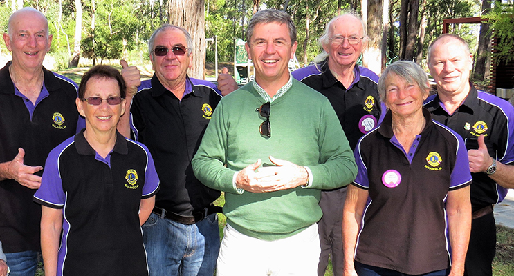 Federal Member for Lyne, Dr David Gillespie, with Lions Rob and Yvonne Williams, Arthur Baker, Les and Carol Tattersall and Roger Dixon in Bulahdelah Mountain Park. 