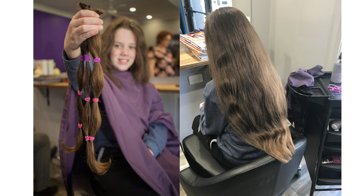 Jordan with her chopped locks, ready for donation.(left) Jordan’s hair before the big chop. (right)