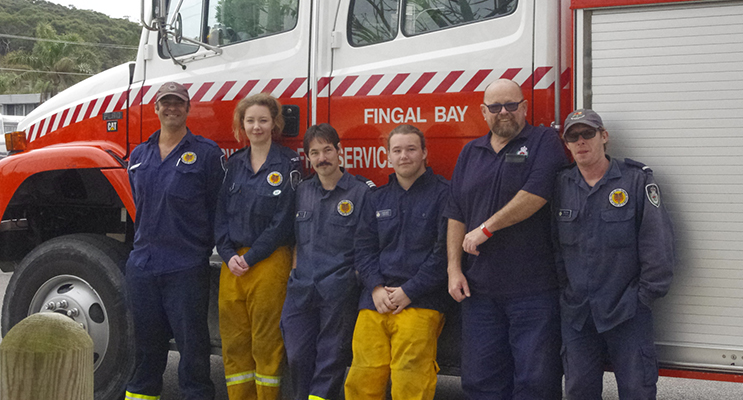 Fingal Bay Rural Fire Service volunteers, Steve Anderson, Katlyn Taylor, Dean Nunn, Curtis Nunn, Tony Lane and Brad Nunn.