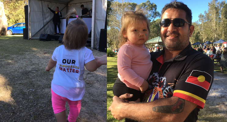 Mayara Stamp-Cook, one, with a very important message.(left) Justin Ridgeway and a little koori miss.(right)