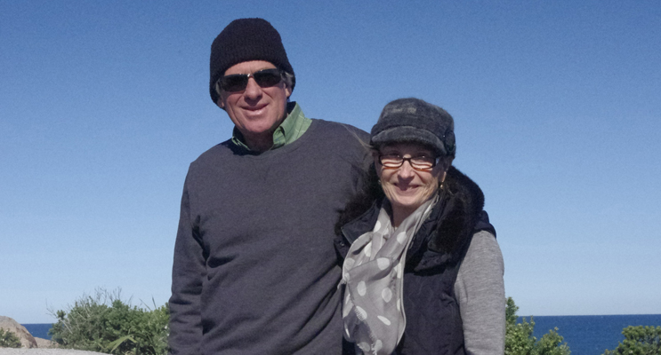 Rob Bulter and Vicki Thomson braving the cool and windy weather from Stroud whale watching at Boat Harbour. Photo by Marian Sampson
