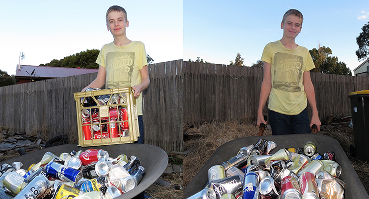 Jack Cunich set up a mini recycling system to help protect the environment.  (left) Jack Cunich collects cans from his neighbours to be recycled. (right)