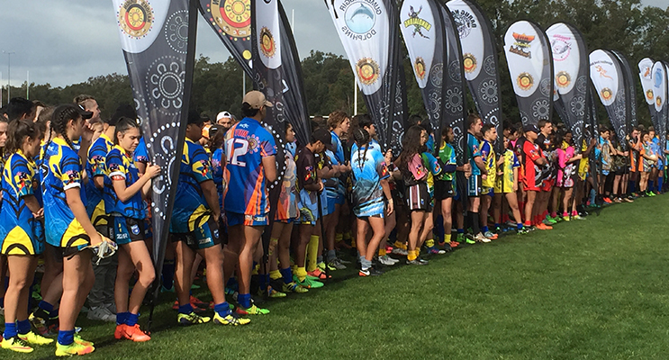 All the tribes lined up for the opening ceremony at the Rugby League tournament.