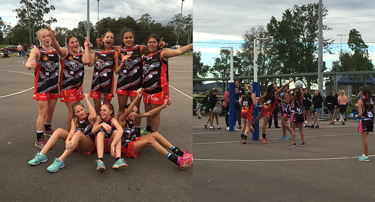 Awabakal winners celebrating after the Netball Grand Final. (left) Kamilaroi vs Awabakal Grand Final.(right)