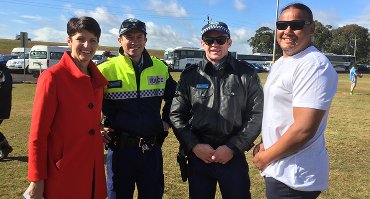 Kate Washington MP Member for Port Stephens with Constable M Lynch, Senior Constable T Smith and Brooke Roach, Worimi Rugby League.