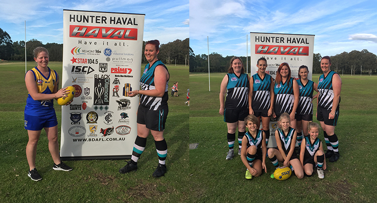  Lauren Cooper, coach and player at Nelson Bay Marlins and Mel Nelson, president and player of Port Stephens Power. (left) Ladies of Port Stephens Power; Bea Edgar, Emma Fleming, Noelani Bose, Wendy Pitcher, Mel Nelson, Madison Jewell, Ashlee Gestrin and Saskia Nelson.(right)