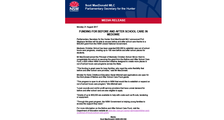 FUNDING FOR BEFORE AND AFTER SCHOOL CARE IN MEDOWIE