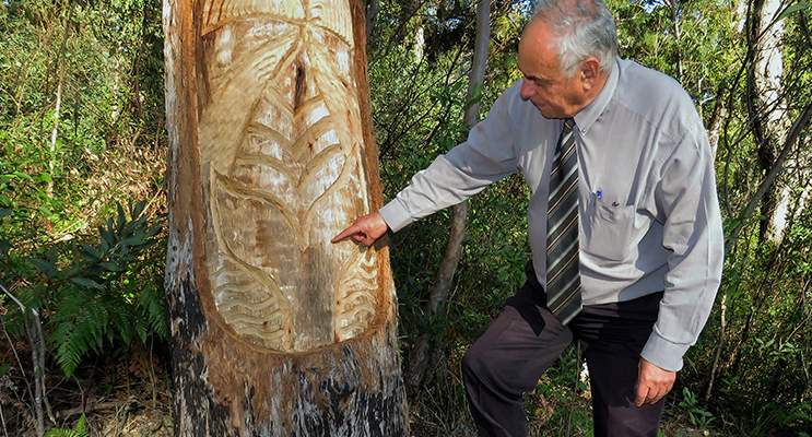 Land Council CEO Len Roberts points out the carved whale at the heads.  
