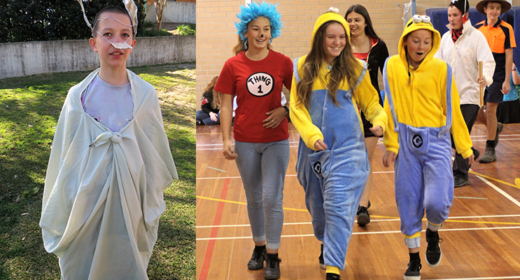 Jonathan Hawes as Dobby from Harry Potter.(left) Sally Curnow, Khloe Middleton and Abby Fenner lead the parade. (right)