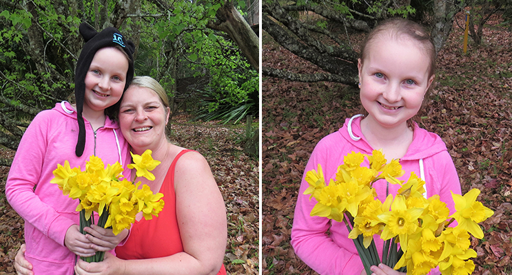 Daffodil Day: Sophie Hill-Mather and her mum Kylie. (left) Daffodil Day: Sophie Hill-Mather shares hope for a cancer free future. (right)