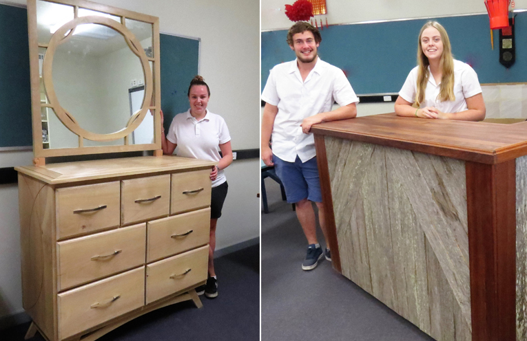 Shae Finch with the dresser and mirror she designed and constructed. (left) Matt Barry with Jessica Lyall and her rustic outdoor bar.(right)