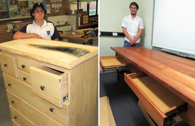 Mitchell Pinch constructed a tallboy with a decorative top feature.(left) Matt Barry’s motorcycle work bench. (right)