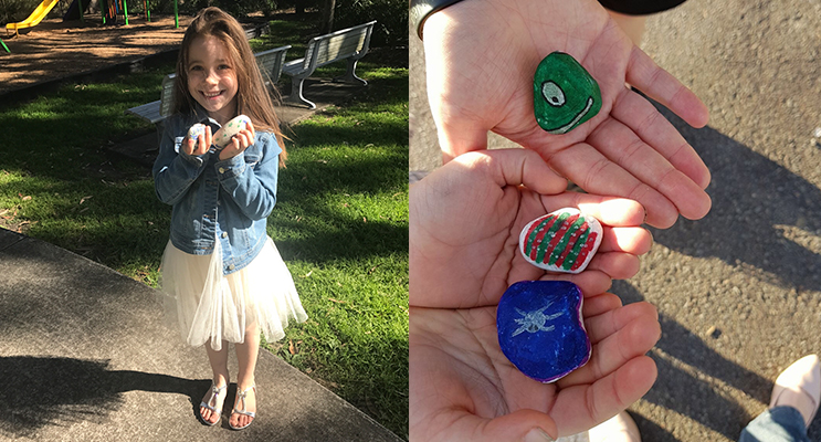 Ava Lochhead is loving this new nature activity.(left) Paint some stones, get the kids involved, and have some fun!(right)