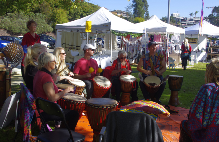 1.African drumming circle at Sacred Tree Markets part of the Fish N Fun Event at Nelson Bay over the weekend.