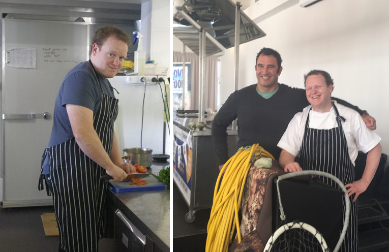 Chef Ben Way preparing for a Trawler to Table meal at Little Beach Boathouse.(left) Greg Finn from Pacific Urchin with Ben Way who cooked up a Turban Shell Tortellini and Sea Urchin Roe Butter dish.  Photos by Marian Sampson.(right)