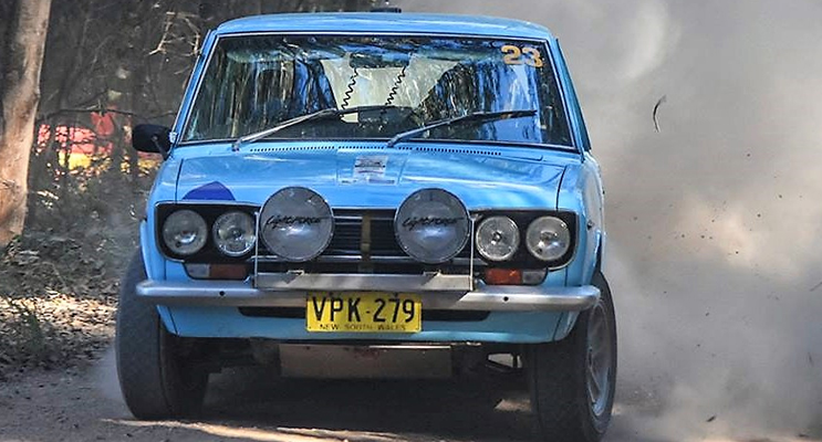 Datsun driver Peter Houghton in action on the Bulahdelah rally course. Photo: Pat Gleeson 
