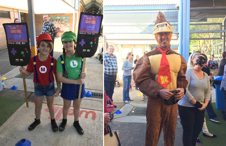 Maddy and Lexi as Mario and Luigi.(left) A Wirreanda teacher dressed as Donkey Kong.(right)