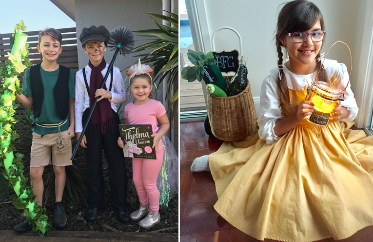 Lachlan, Hayden and Sophia Reddon (Jack and his beanstalk, Bert the chimney sweep from Mary Poppins and Thelma the Unicorn) from Wirreanda Public School.(left) Ahmani Jedniuk of Medowie Christian School as Sophie from The BFG.(right)
