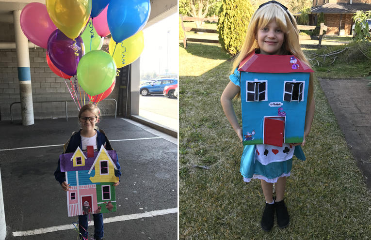 Lyla Magnee as the house from UP.(left) Lucy as Alice in Wonderland when she grows too big for the house.(right)