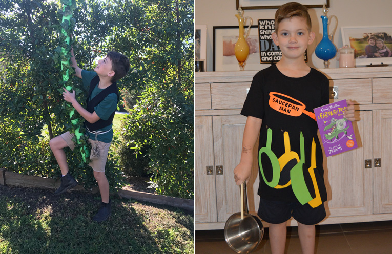 Lachlan Reddon from Wirreanda Public School, dressed as Jack and the Beanstalk.(left) Michael Kilday aka the Saucepan man ready for the book parade.(right)