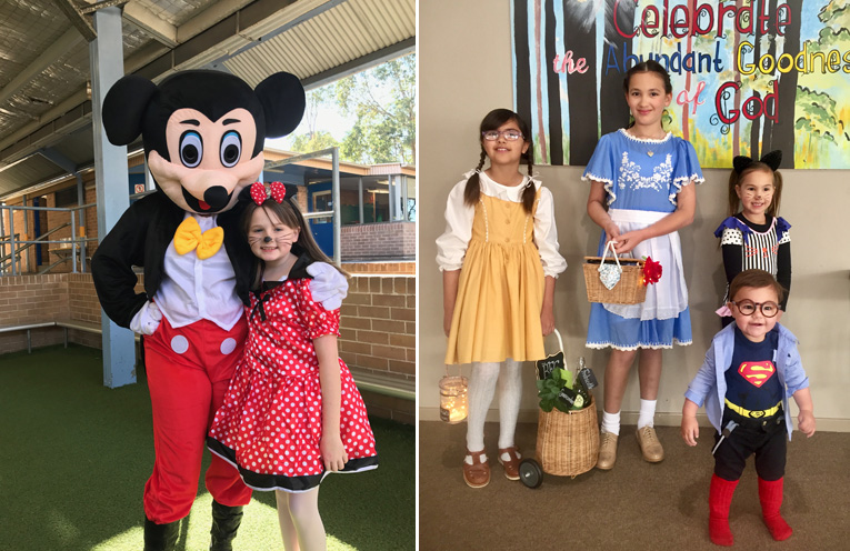 Scarlett Darcy as Minnie Mouse with Mickey Mouse at Wirreanda Public School.(left) Ahmani Anjah Angelina and Archer Jedniuk as Sophie from The BFG , Belle from Beauty and The Beast Daughter of Cheshire Cat and Clark Kent.(right)