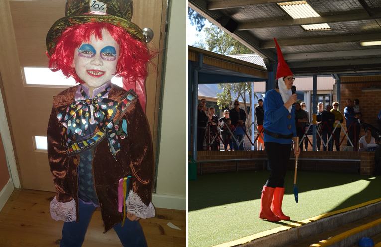 Cody Veitch looked fantastic as the Mad Hatter.(left) Even the teachers got involved, Ms Wilson dressed as a gnome at Wirreanda Public School.(right)