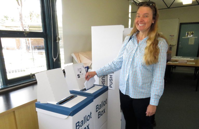 Georgina Cunich casts her vote in Bulahdelah.