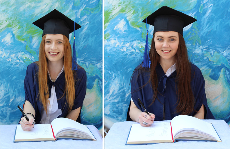 Graduation Day: Jessica Chalker. (left) Taylor Garemyn signs the graduation book.(right)