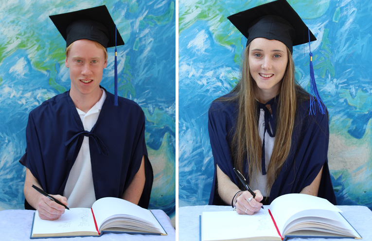 Karl Nickle signs the graduation book.(left) Graduation Day: Megan Markham.(right)