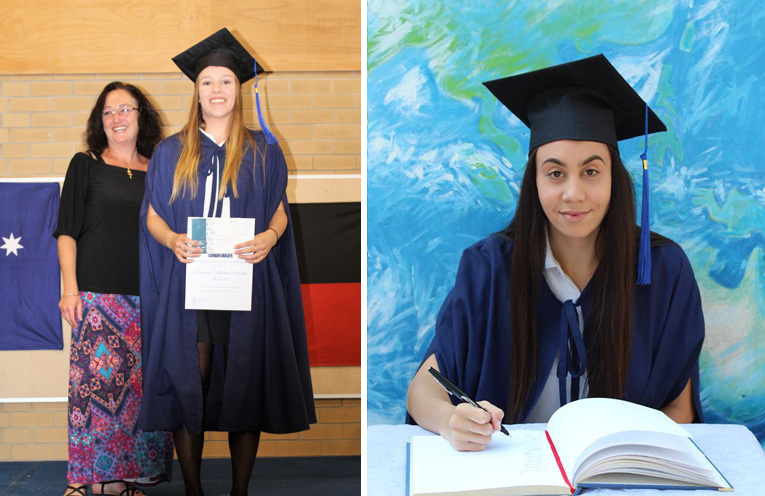 Indigenous Student of the Year: Madisson Callaghan-Morante with Ms Casey Connell.(left) Graduation Day: Leah Slockee.(right)