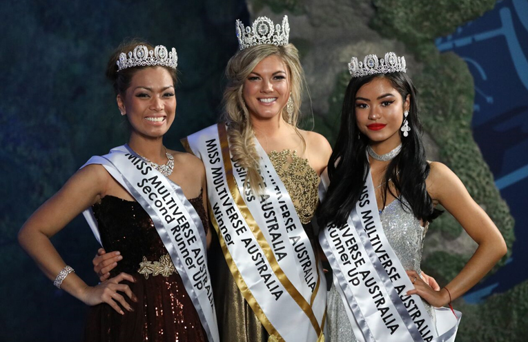 Miss Multiverse Australia Gabrielle Keaton, with second runner up Joie Serrano and first runner up Shez May. Photo: Aris Suwirto 