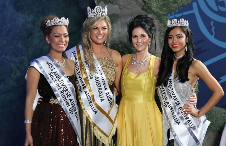 Miss Multiverse Australia, Gabrielle Keaton, with runners up Shez May and Joie Serrano and National Contest Director Yolandi Franken. 