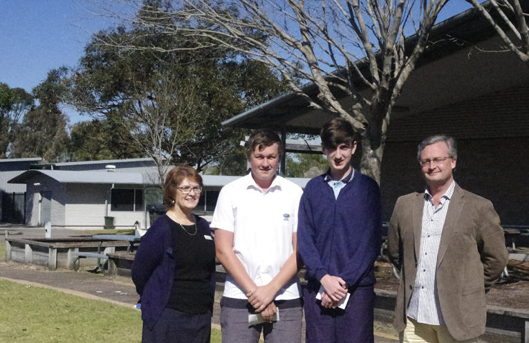 Tomaree High School Principal Susan Xenos, Joshua Allardice, Lachlan dePater and Soldiers Point Marina Manager Darrell Barnett. Photo by Marian Sampson.
