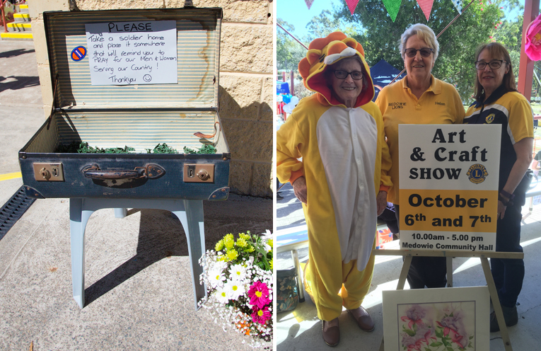A beautiful tribute to the RAAF families of Medowie. Photo by Pete Neville (left) Medowie Lions Club ladies encouraging people to get involved in this years art and craft show.(right)
