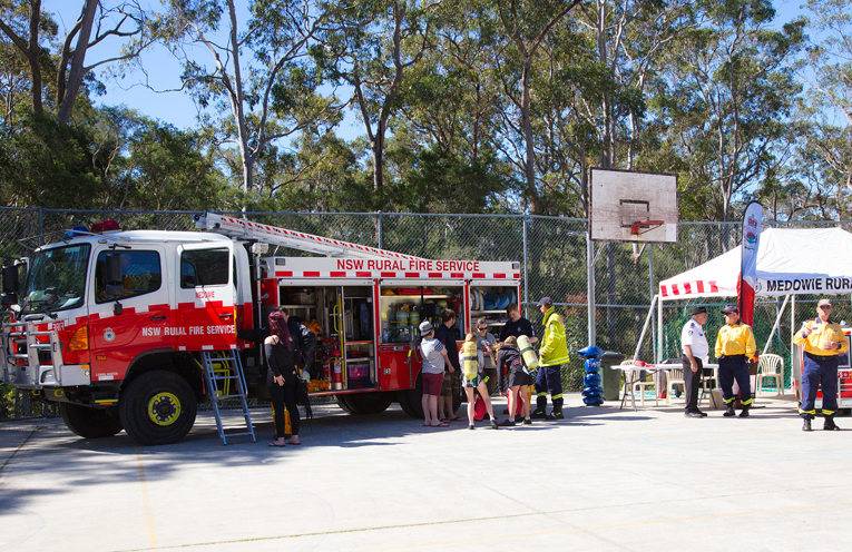 Medowie Rural Fire Service on hand to chat to residents about fire safety. Photo by Pete Neville